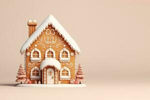 AI Generated A beautiful gingerbread house on a delicate light background. photo