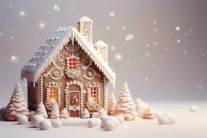 AI Generated A beautiful gingerbread house on a delicate light background. photo