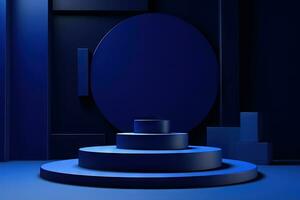 Dark blue pedestal in black room with geometric shapes. Podium for product showcase. Generated AI. photo