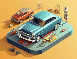 Isometric retro car travelling with elements of environment. Generated AI. photo