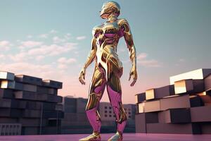 Crome robot woman standing in the desert. Artificial intelligence rise and shiny. Mechanical beauty. Generated AI. photo