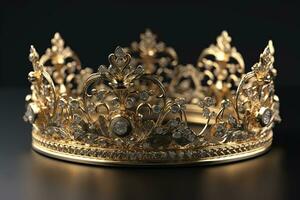 Beautuful shiny crown with medieval ornament and jeewelry. Ancient king or quenn crown. Generated AI. photo