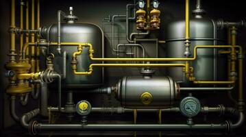 Industrial plant background with shiny pipes. Generated AI. photo