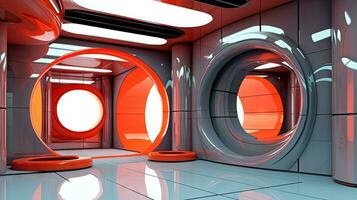 Spaceship or lab interior in retro futuristic sci-fi style with round doors. Generated AI. photo