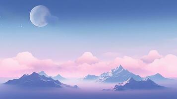 Pink landscape with moon over polygonal mountains. Calm surreal backround. Generated AI. photo