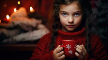 Little girl with cozy sweater drinks hot beverage cup on Christmas holidays. Generated AI. photo