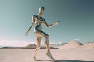 cromo robot mujer bailando en el desierto. artificial inteligencia subir y brillante. mecánico belleza. generado ai. foto