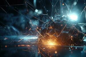 Abstract burst of wires and particles on technology background. Scientific abstraction with mess of wires. Generated AI. photo