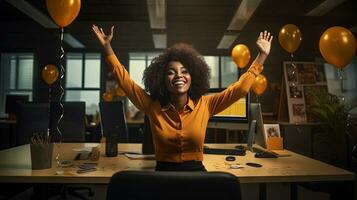 African american businesswoman excited on the workplace, celebrating the successful deal. Generated AI. photo