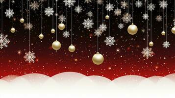 Christmas background with hanging baubles. Xmas balls on winter holidays greeting card. Generated AI. photo