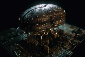 Artificial intelligence science concept with technological AI brain on the circuit board. Generated AI. photo