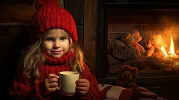 Little girl with cozy sweater drinks hot beverage cup on Christmas holidays. Generated AI. photo