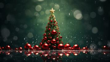 Christmas tree with glass balls on the blurred background with bokeh. Winter holidays greeting card with Xmas fir and baubles. Generated AI. photo