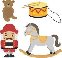 Nutcracker, rocking horse, drum and teddy bear vintage toys. vector