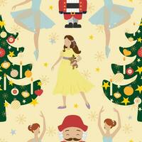 Vector seamless pattern with Nutcracker and ballerinas character in cartoon style. Nutcracker christmas background