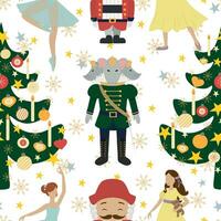 Nutcracker seamless pattern with Christmas tree, ballerinas, mouse king vector