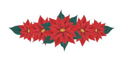 Horizontal decoration of red poinsettia flowers. Traditional decor for a wall or door for Christmas, New Year. Isolated flower frame, border, divider. Cartoon flat style. Vector illustration.