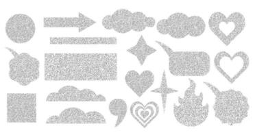 Set of shapes made of grainy sandy texture. Grainy noise template, grunge effect. Star heart arrow square fire rectangle circle quotes cloud speech bubble. Vector illustration.