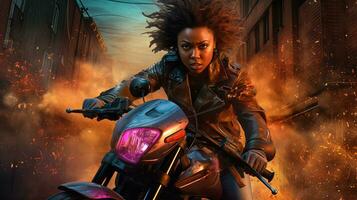 Action shot with black woman on the bike riding away from fire and explosion. Dynamic scene in action movie blockbuster style. Generated AI. photo