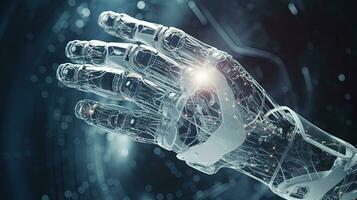 Robot hand technology concept with shiny electronic connections. Generated AI. photo