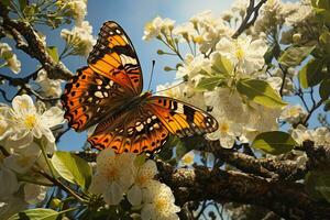 Butterfly on the colorful flowers and plants. Calm nature scene with dreamy colors. Generated AI. photo