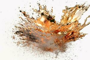 Abstract colorful powder explosion. Paint or cosmetics burst on white background. Generated AI. photo