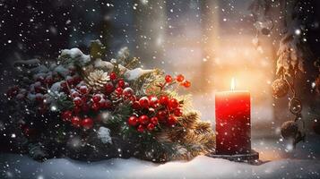 Christmas card with candle and mistletoe wreath. Winter holidays card with baubles and candles. Generated AI. photo