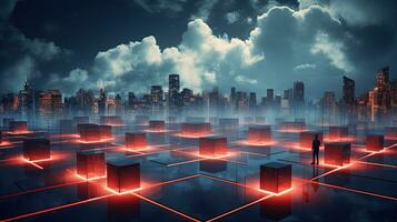 Concept of a digital city with cloud connections. Futuristic network in the clouds. Generated AI. photo