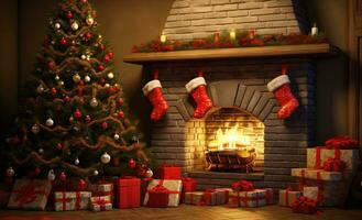 Christmas holidays in the room with fireplace. Christmas tree and gifts in decorated for winter holidays room. Generated AI. photo