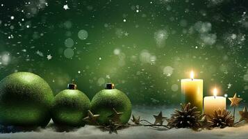 Navidad decoración con velas y adornos Navidad tarjeta modelo con invierno Días festivos ornamento, velas y pelotas. generado ai. foto