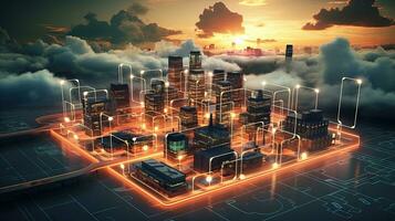 Concept of a digital city with cloud connections. Futuristic network in the clouds. Generated AI. photo