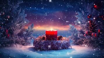 Christmas card with candle and mistletoe wreath. Winter holidays card with baubles and candles. Generated AI. photo