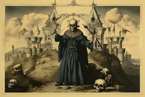 Medieval styled occult art with skeleton and monsters. Ancient icon or old book illustration with mystic religious scene. Generated AI. photo