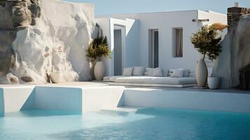 hotel piscina en el soleado día con azul agua y blanco edificios recurso arquitectura con nadando piscina. generado ai. foto