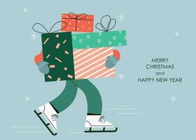 Person holding a big stack of christmas gift boxes. Merry christmas, new year greeting card. Flat illustration in cartoon style  for greeting card vector