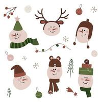 Collection of snowmen on a white background for Christmas and New Year. Vector illustration in flat cartoon style