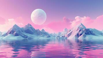 Pink landscape with moon over polygonal mountains. Calm surreal backround. Generated AI. photo