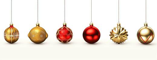 Shiny Christmas baubles in line. Collection of Xmas glass balls with ornament. Generated AI. photo