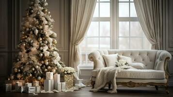 Christmas tree with gifts in the bright room in morning. Winter holidays in light interior. Generated AI. photo