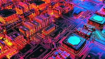 Motherboard with chips and connections in purple and blue neon lights. Technology background with microchips on hardware circuitboard. Generated AI. photo
