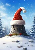 Santa hat on the snow for Christmas celebration. Winter holidays card with Santa cap. Generated AI. photo