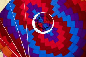 Abstract Background, View Inside Bright Colorful Hot Air Balloon Dome. Multi Colored, Horizontal Plane. Hot Air Expedition, Ride. Joyful, Spectacular Entertainment photo