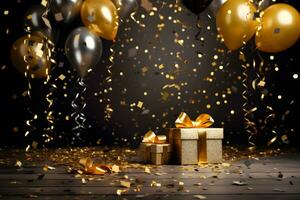 oro papel picado con globo lujo cumpleaños antecedentes ai generado foto