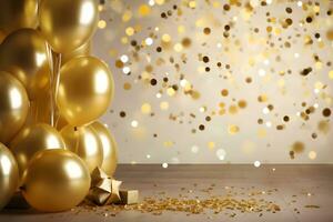 gold confetti with balloon luxury birthday background ai generated photo