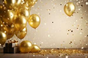 oro papel picado con globo lujo cumpleaños antecedentes ai generado foto