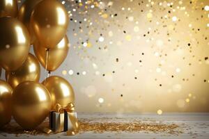 gold confetti with balloon luxury birthday background ai generated photo