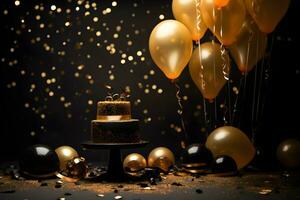 gold confetti with balloon luxury birthday background ai generated photo