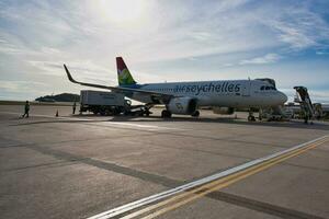 Mahe, Seychelles, 10.10.2023 Air Seychelles flight at the Seychelles international airport photo