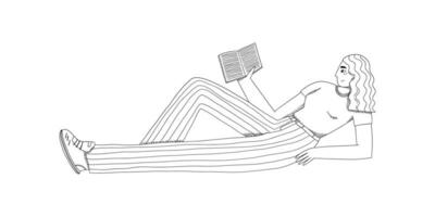 el niña lee un libro acostado abajo. estudiando, descansando, lectura. vector ilustración en garabatear estilo.