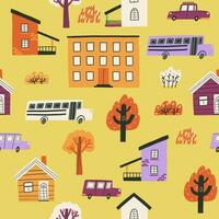 Seamless pattern with school bus, trees and houses. Vector illustration in flat style.